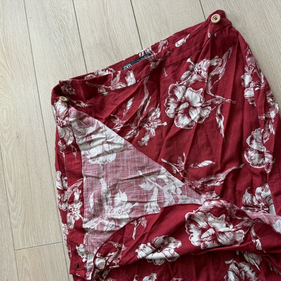 Zara Linen Blend Floral Wrap Midi Skirt in Red Women’s Size Large - Picture 7 of 10